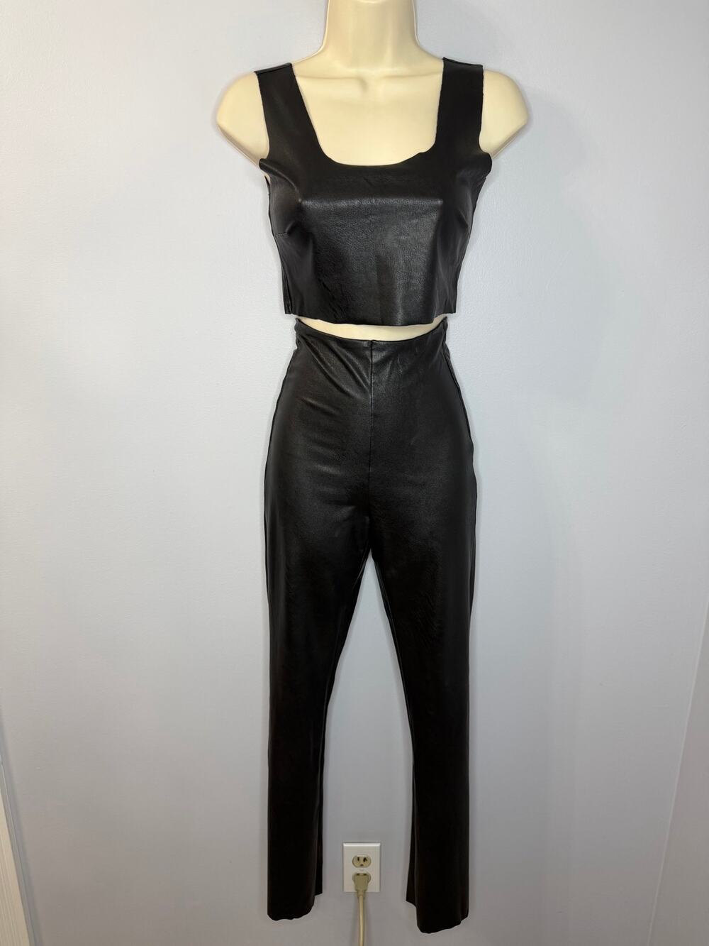 Commando Faux Leather Flared Legging High Rise & Crop Top Black Stretch Sz S